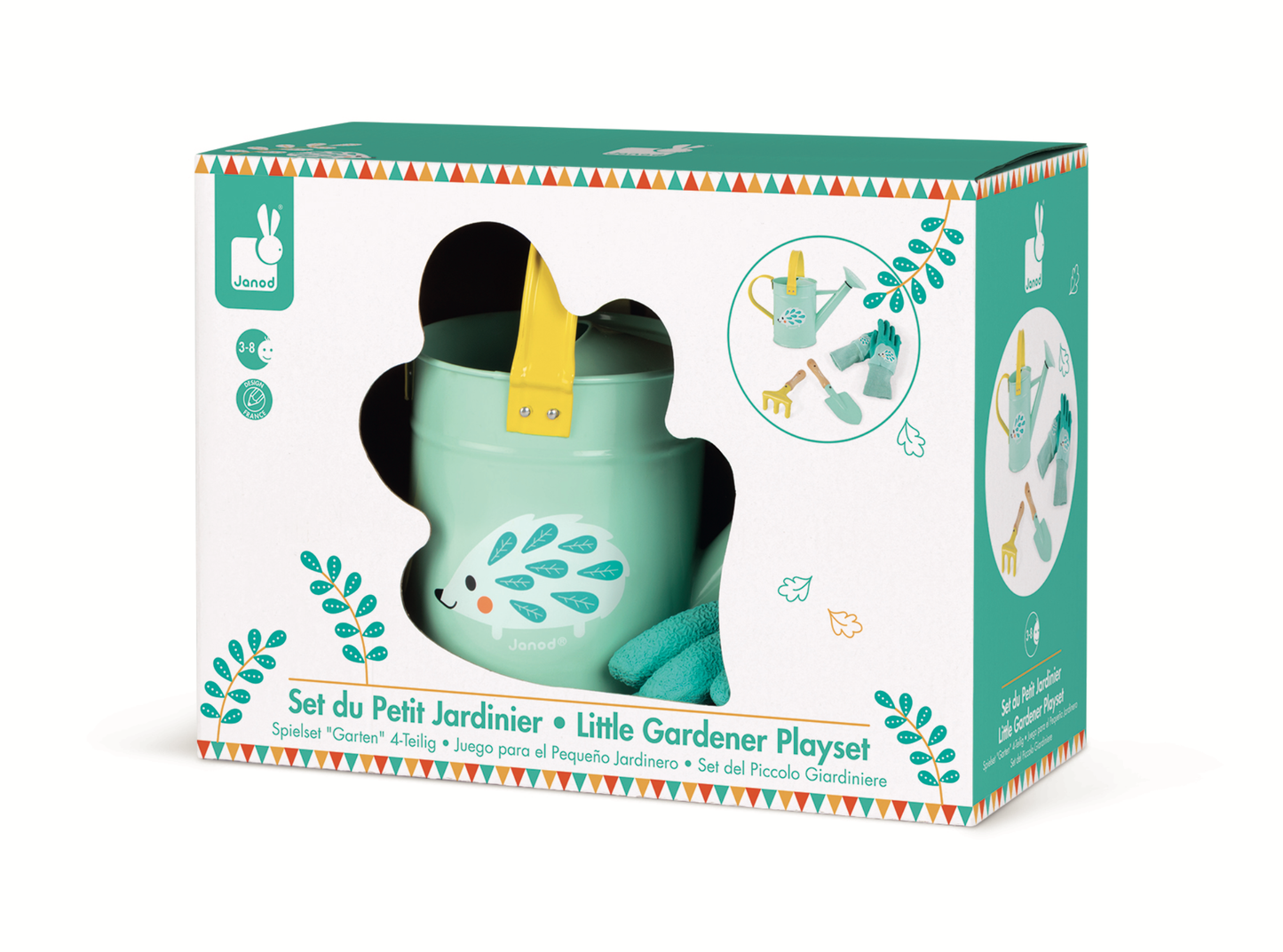 Boxed children's gardening set with a hedgehog design on a white background