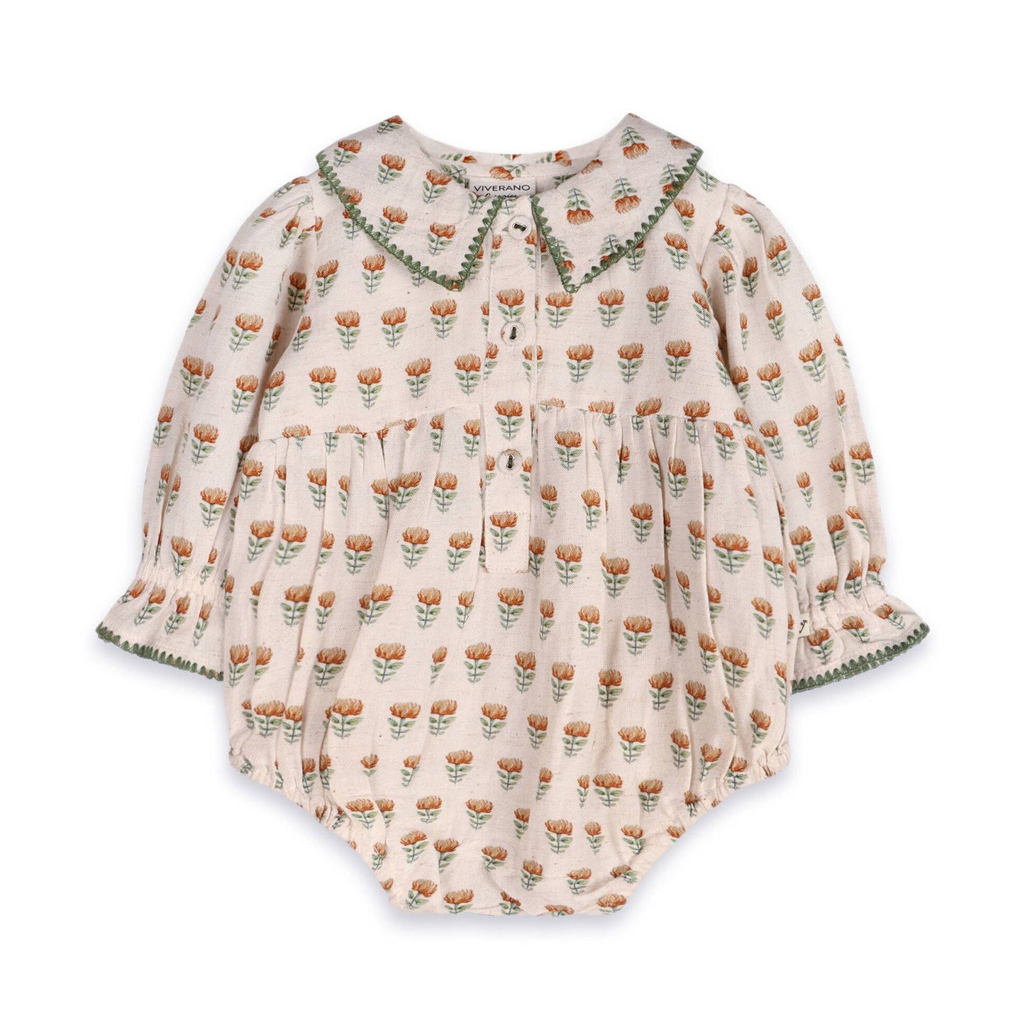 Nira Block Print Floral Baby Romper & Headband (Linen Blend)