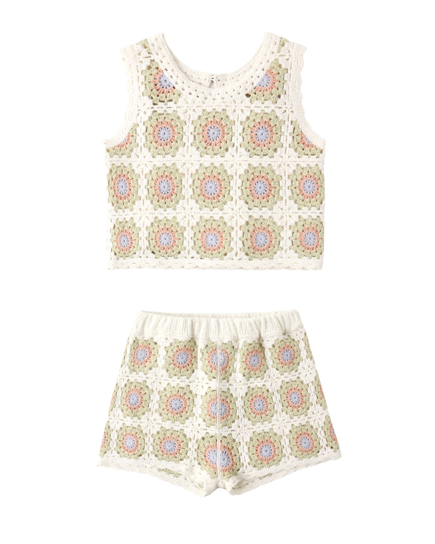 Crocheted top and shorts set with floral pattern on a white background
