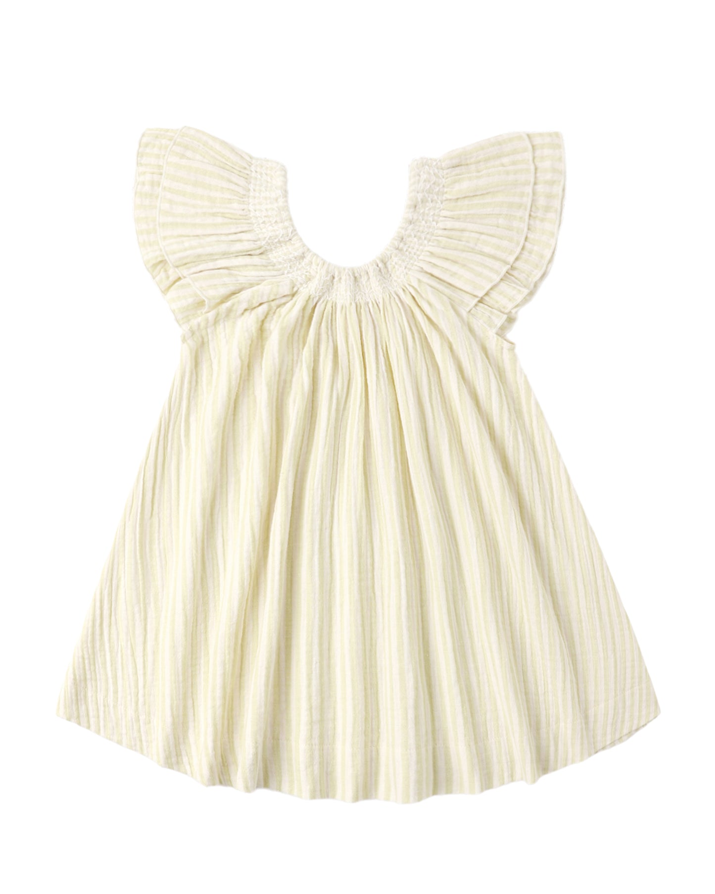 Cream and citron-colored striped dress with a pleated design on a white background