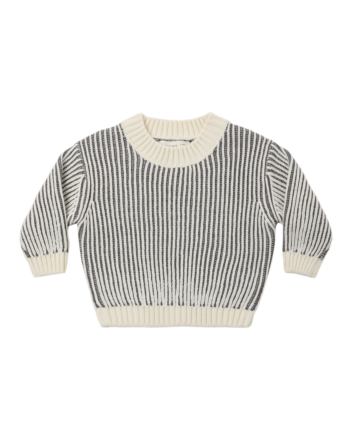 A knit baby sweater with gray and ivory contrast ribbing, shown on a white background