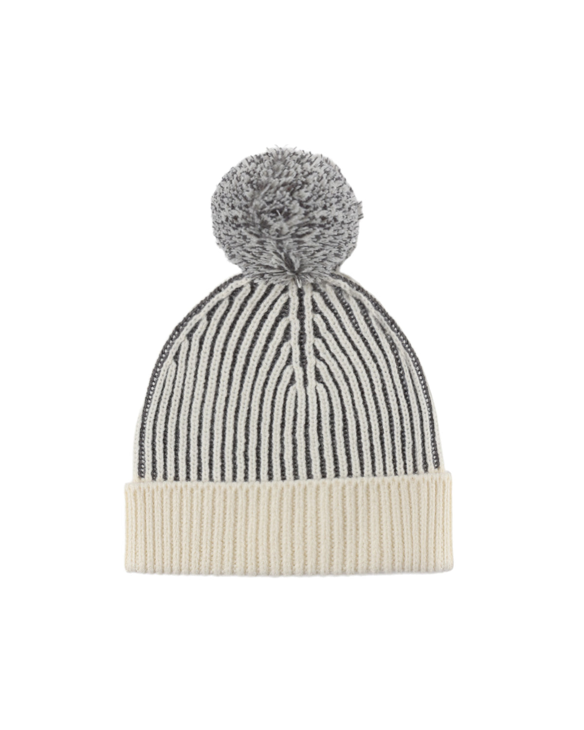 Child's beanie featuring grey and ivory contrast ribbing and a playful pom pom