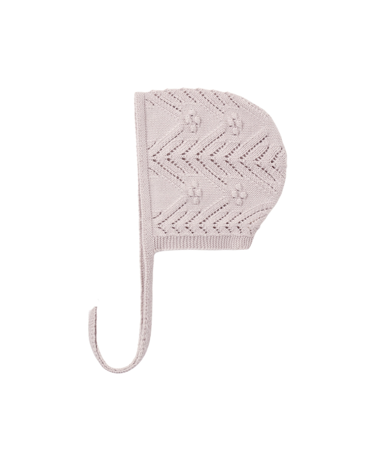 Knitted baby bonnet in gray color, shown on a white background