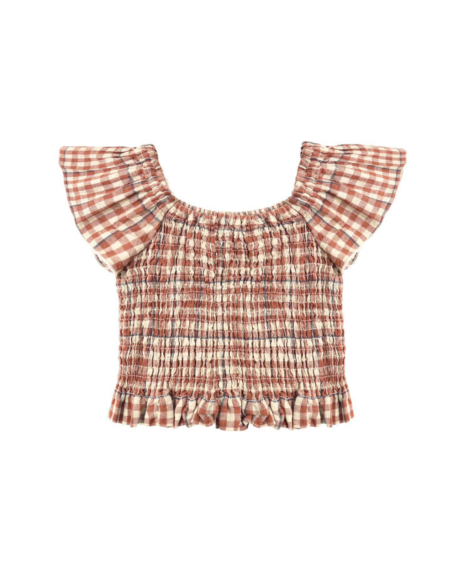 Plaid top with ruffled shoulders and hem on a white background