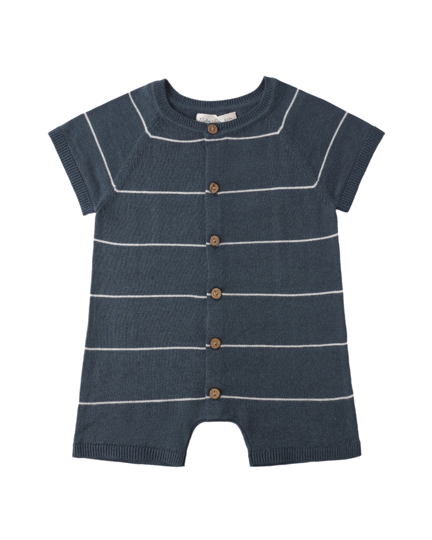 Blue striped baby romper with buttons on a white background
