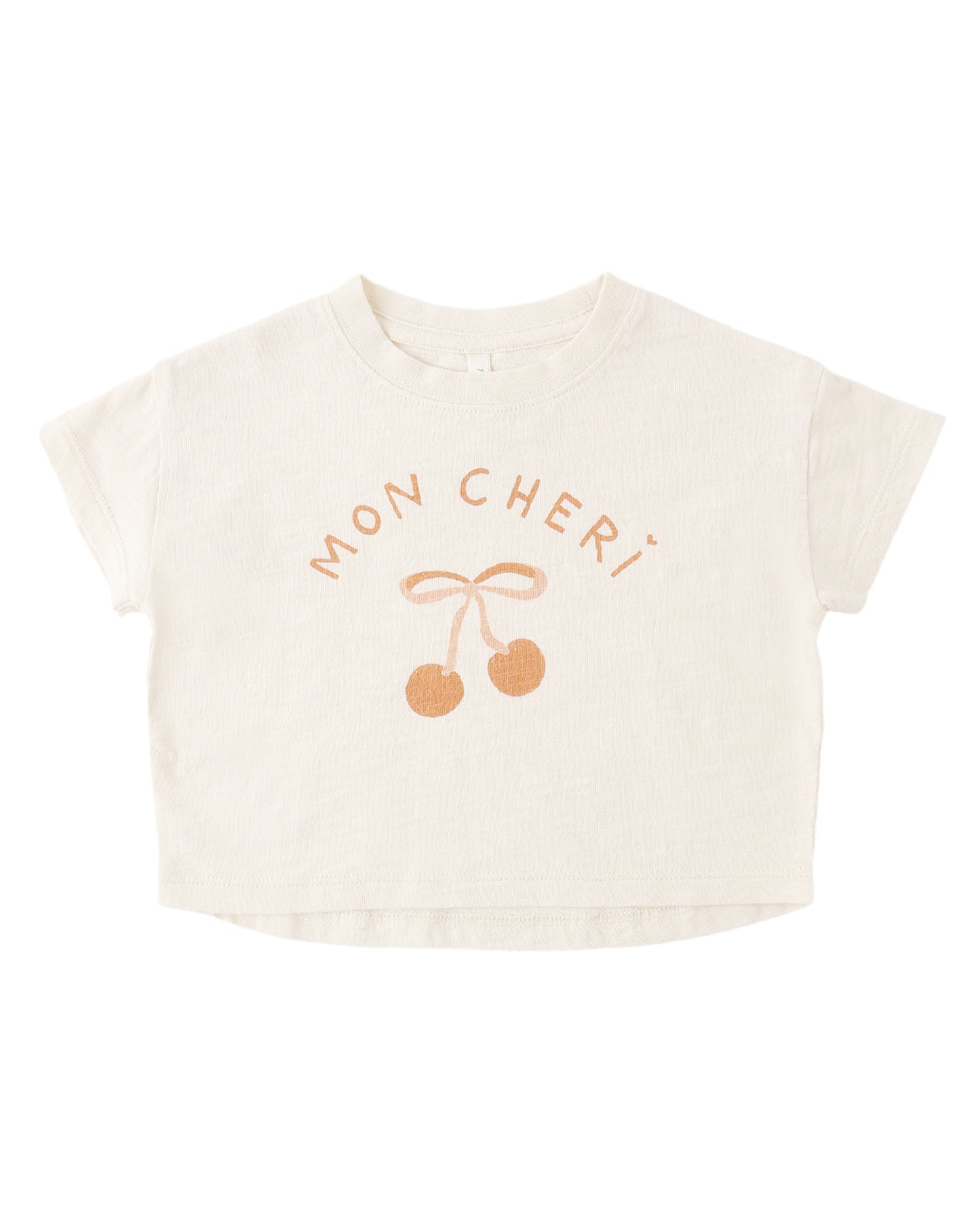 Ivory t-shirt with 'MON CHERI' and cherry design on a white background