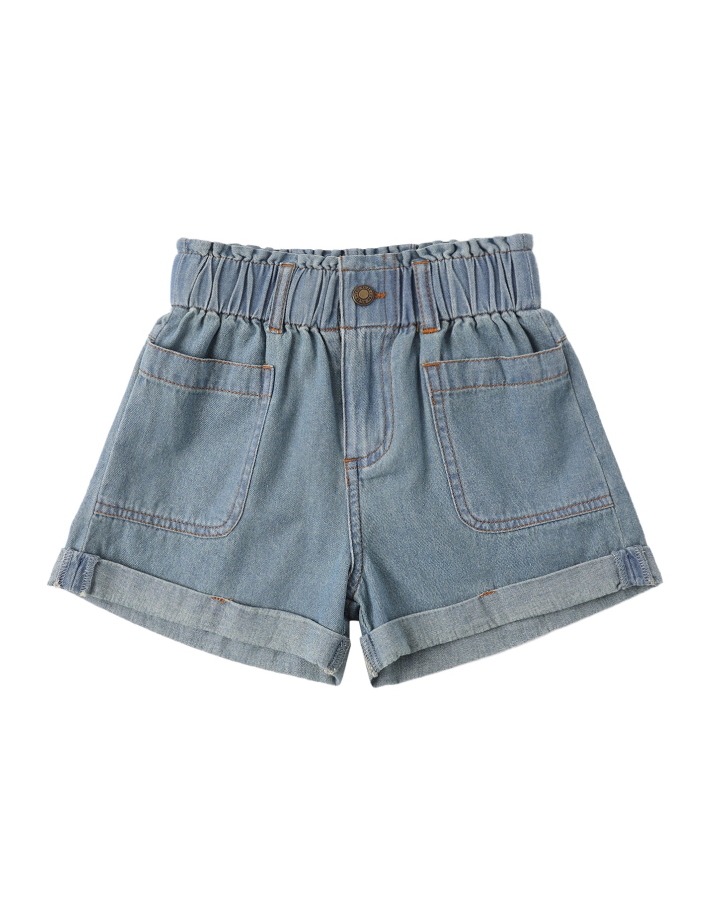 Light blue denim shorts on a white background