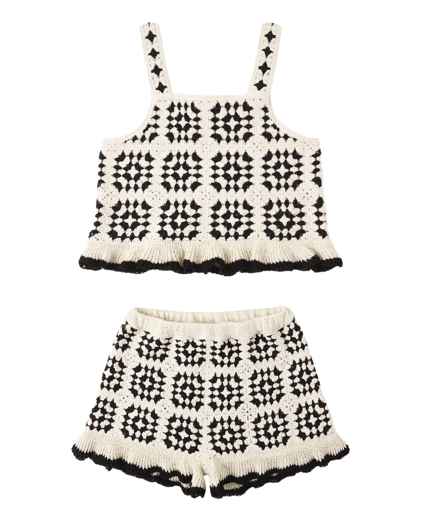 Black and white patterned crochet top and shorts set on a white background
