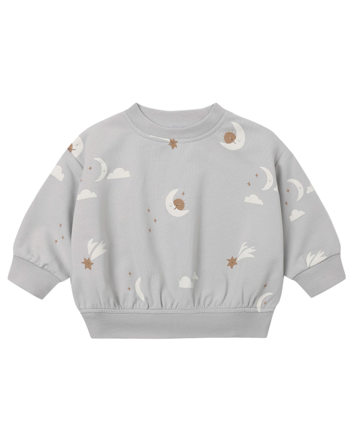 Gray sweatshirt with nature-themed patterns on a white background
