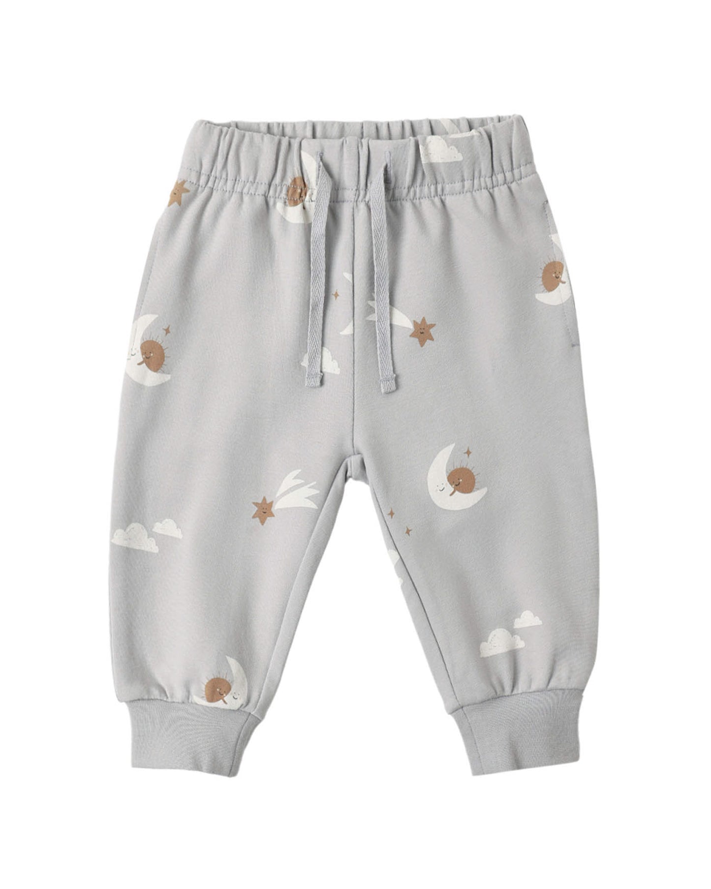 Gray baby pants with moon and star patterns on a white background
