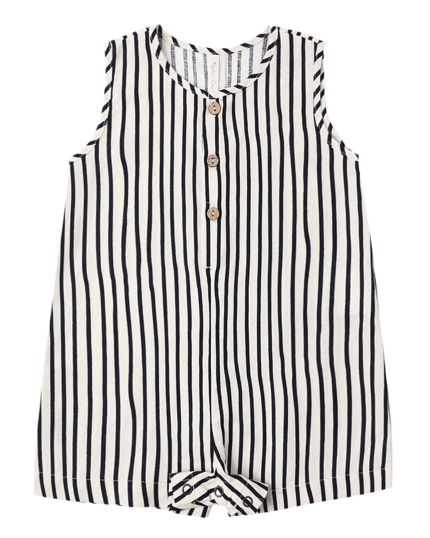Black and white striped romper with three buttons on a white background