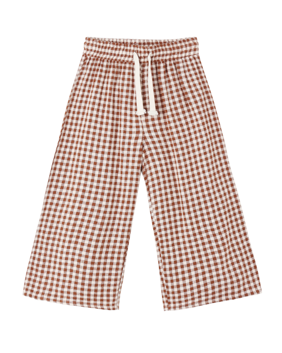 Check wide leg kids pants in brick red color with ivory drawstring at waist