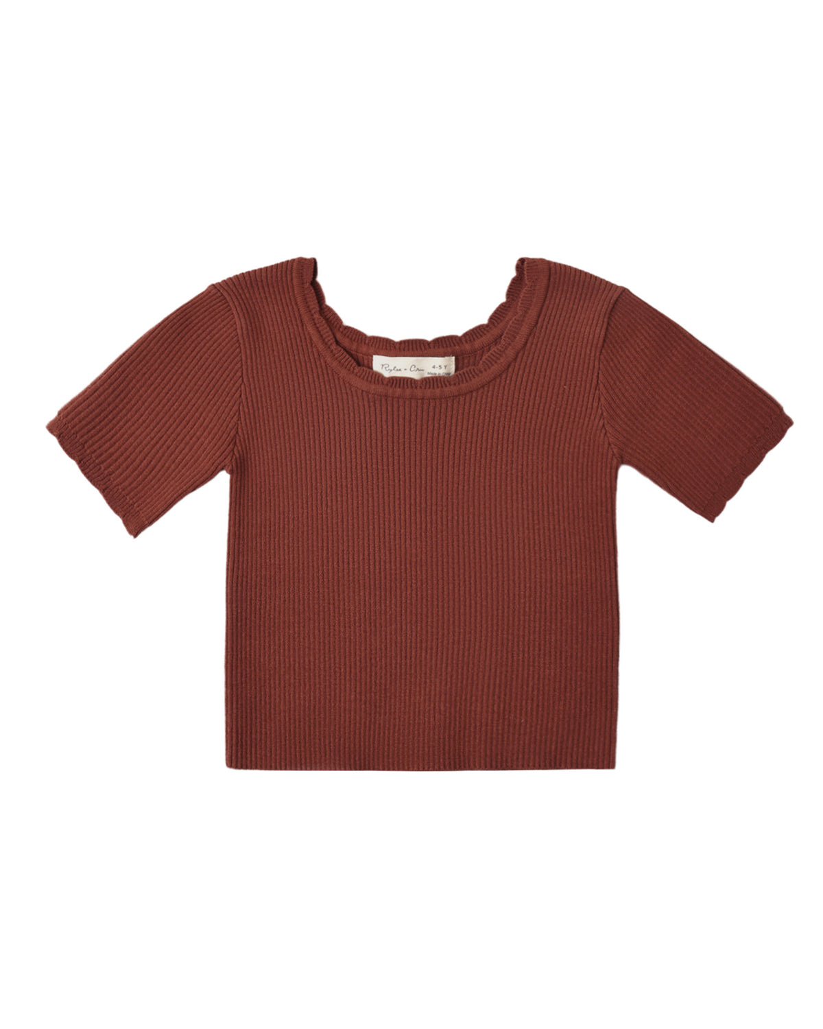 Children's ribbed scooped-neck fitted tee in brick red color, shown on a white background