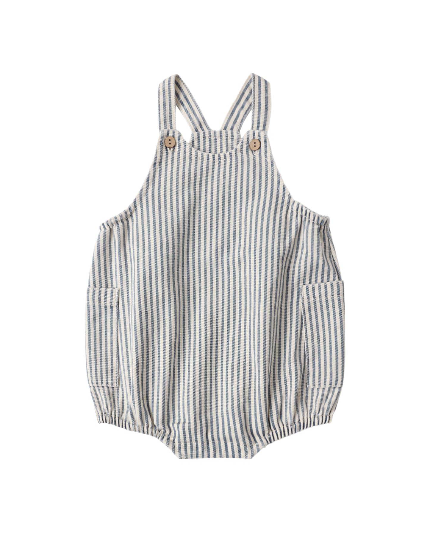 Blue and white striped romper on a white background