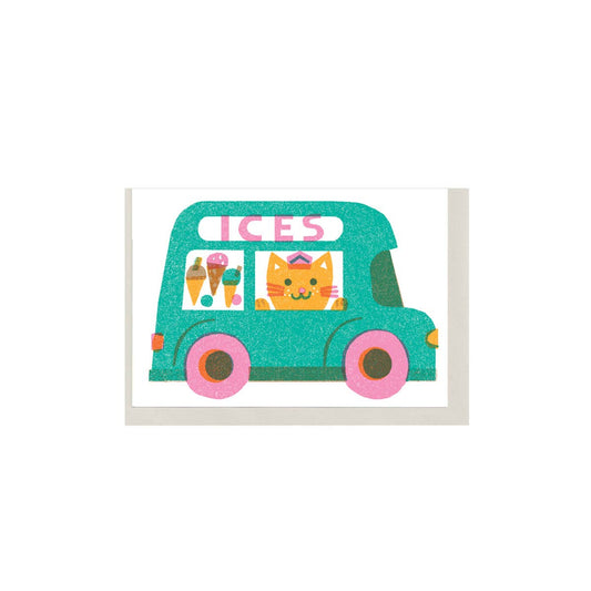 Illustration of an ice cream truck with a cat face and 'ICES' text on a white background