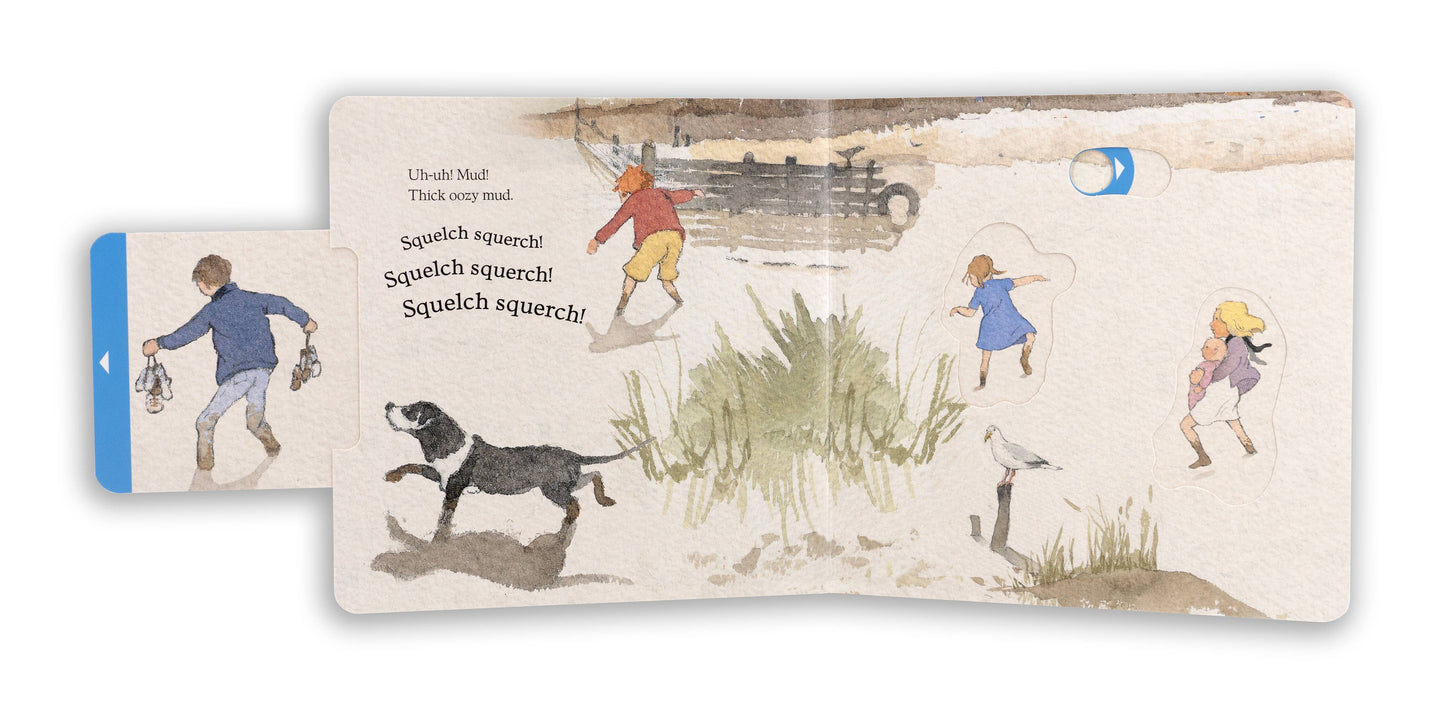 Children's book with illustrations of children playing and a dog on a white background