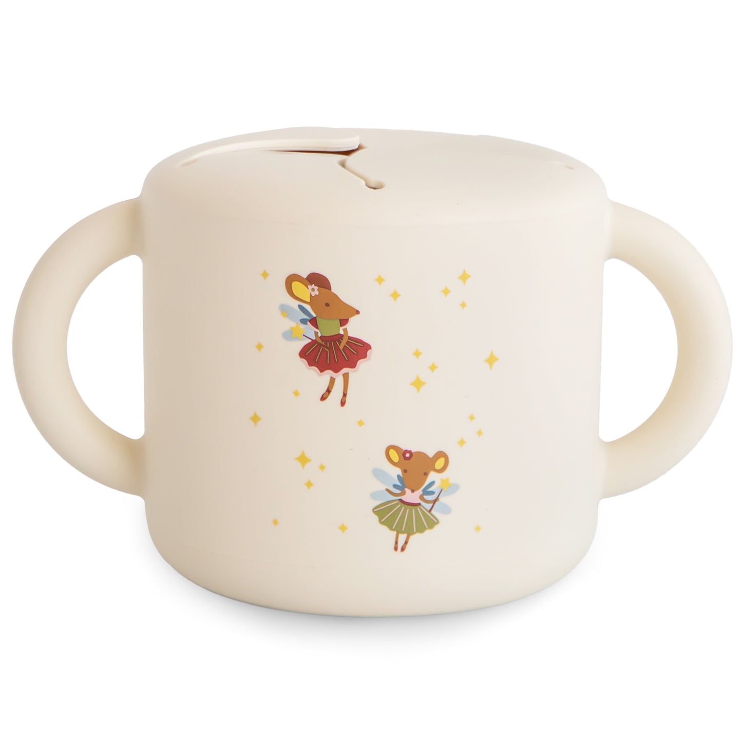 Children's handled snack cup with fairy design on a white background
