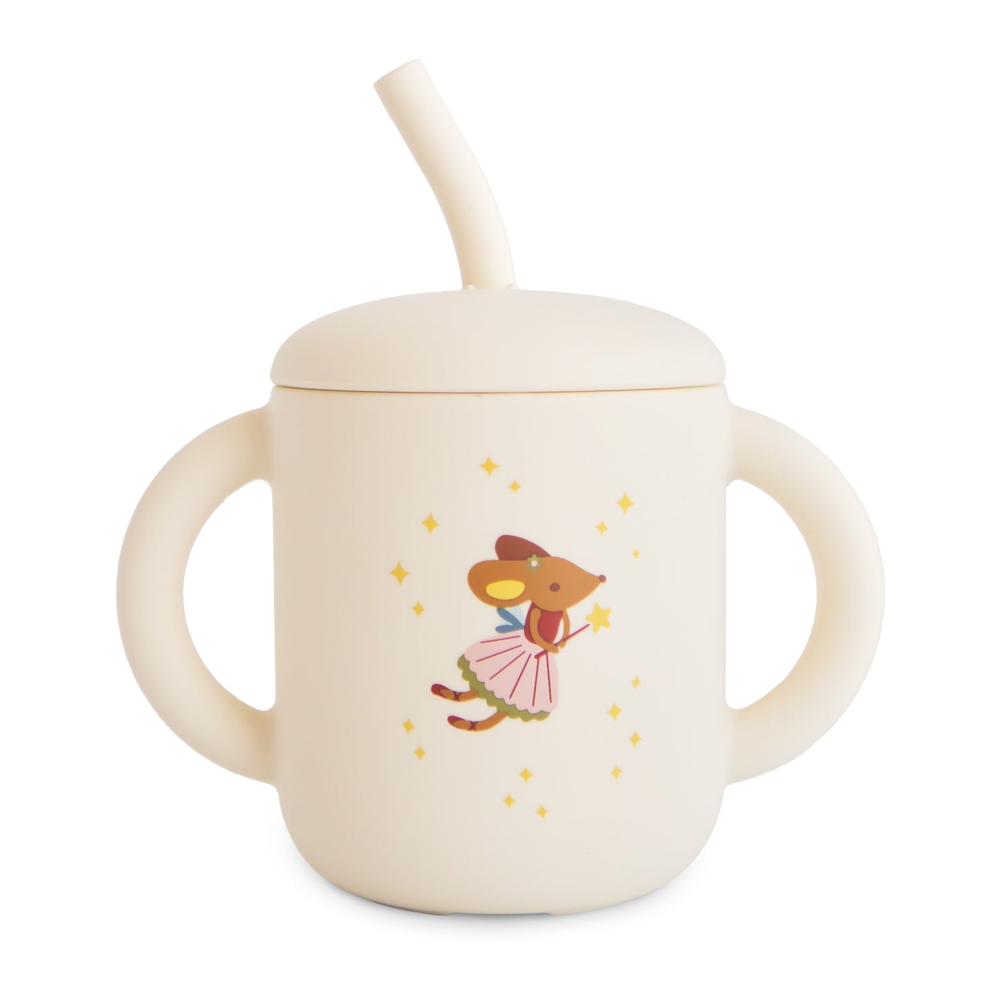Children's sippy cup with fairy mouse design on a white background