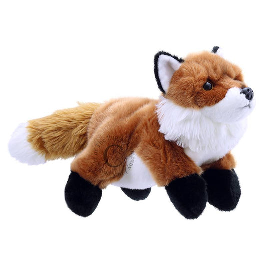 Plush fox toy puppet on a white background