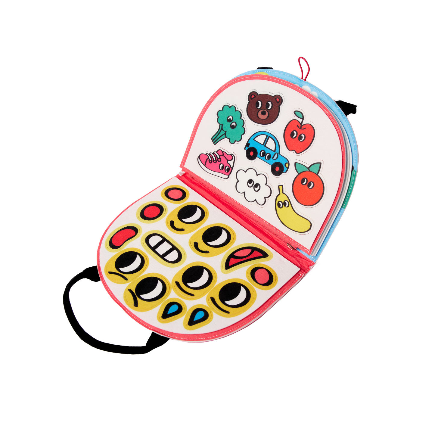 Colorful children's toy with cartoon characters and buttons on a white background