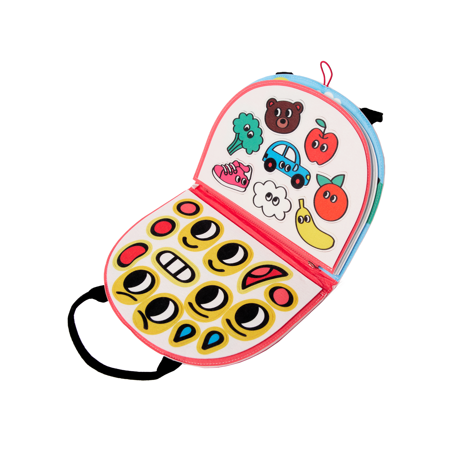 Colorful children's toy with cartoon characters and buttons on a white background