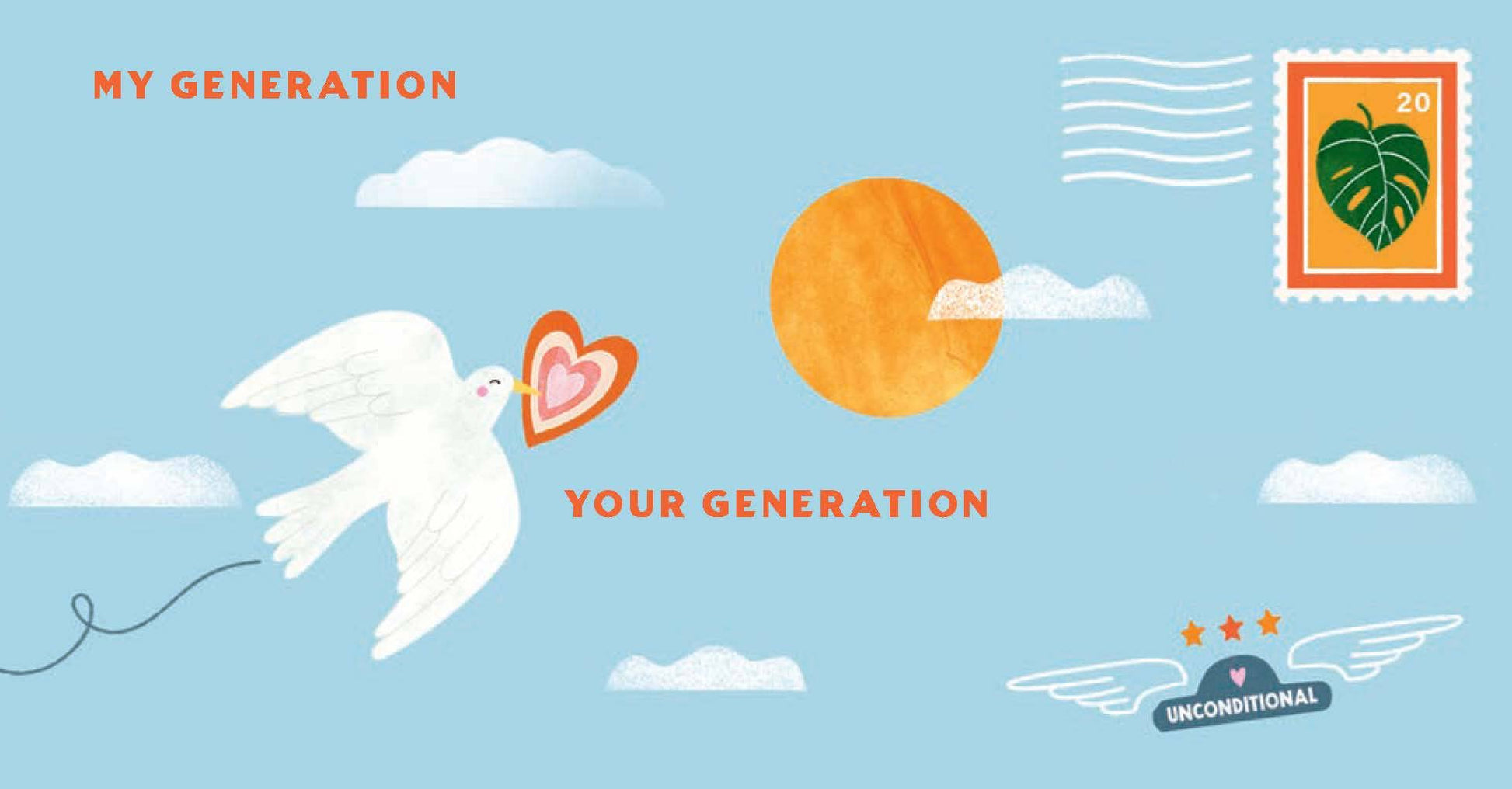 Cartoon dove with heart, sun, clouds, and 'My Generation' and 'Your Generation' text on a blue background.
