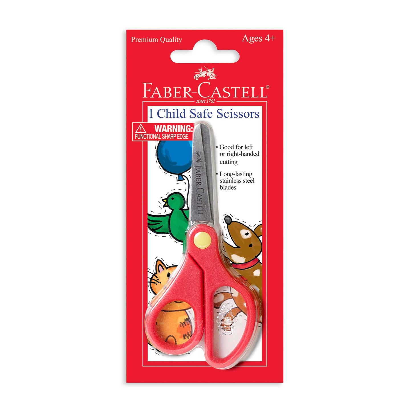 Child safe scissors with red handles in packaging on a white background