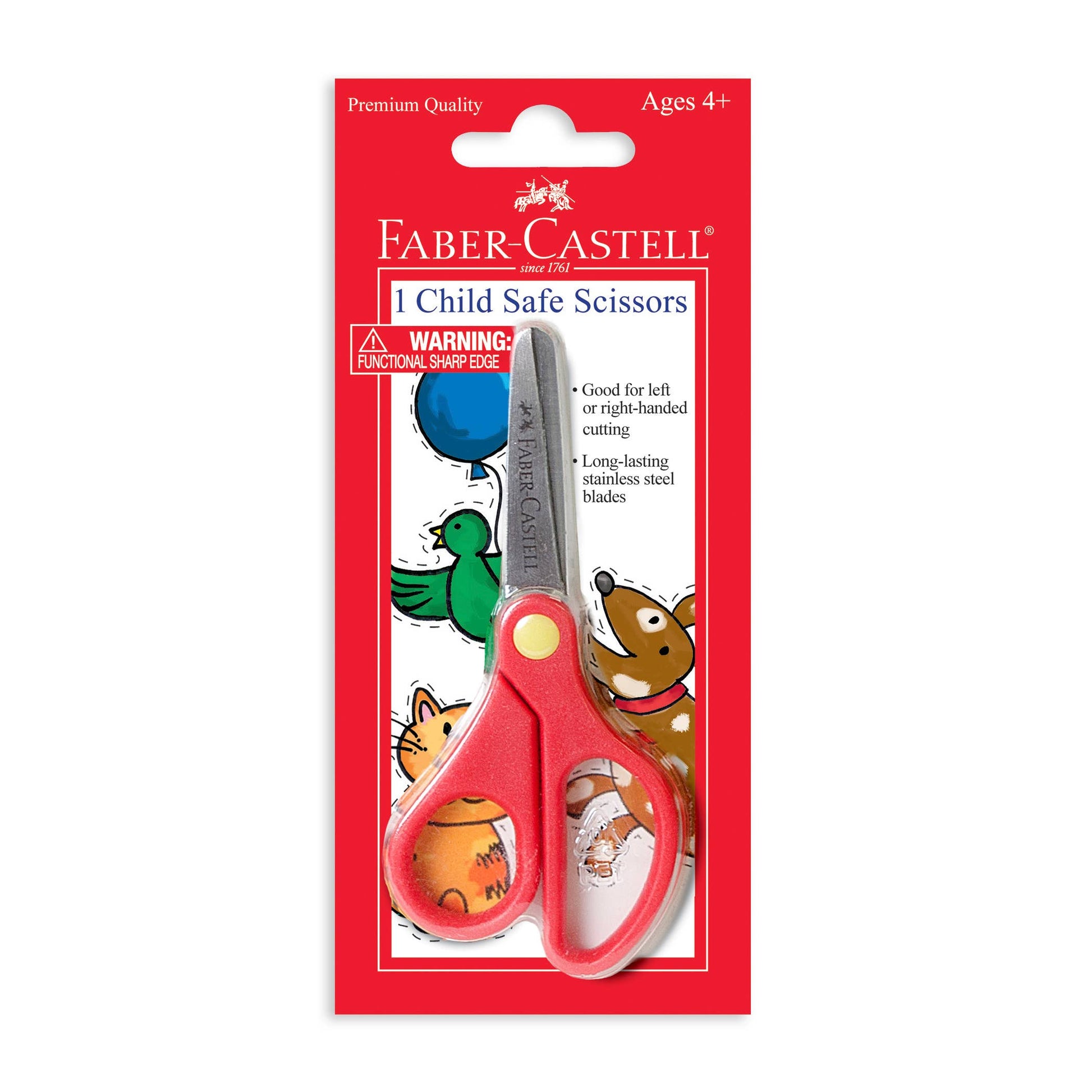 Child safe scissors with red handles in packaging on a white background