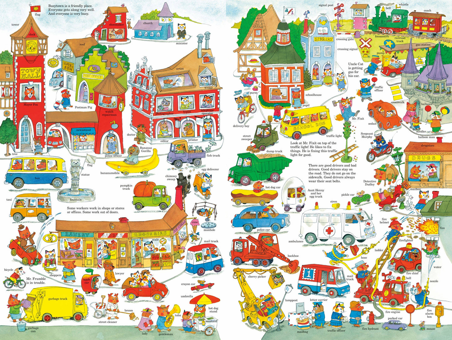 Illustrated town scene with various vehicles and buildings