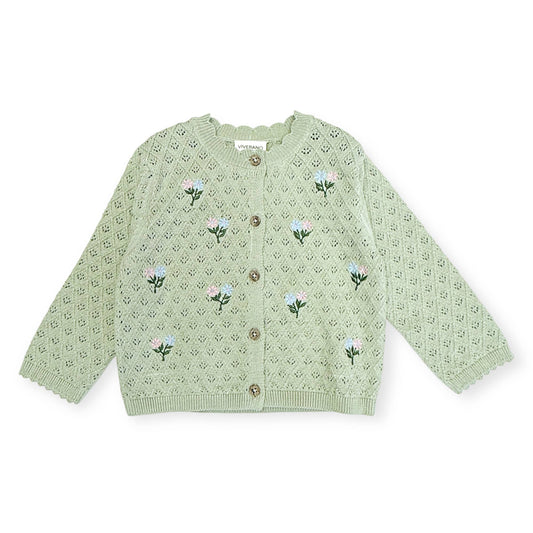 Light green cardigan with floral embroidery on a white background