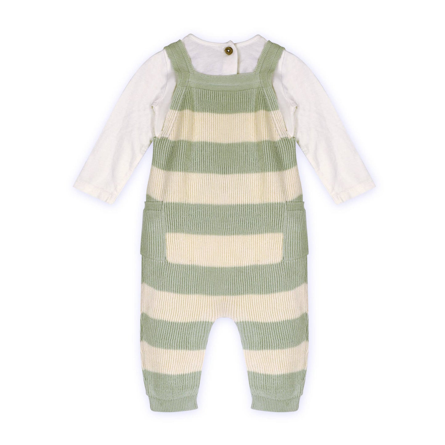 Green and white striped baby romper with a white shirt underneath on a white background