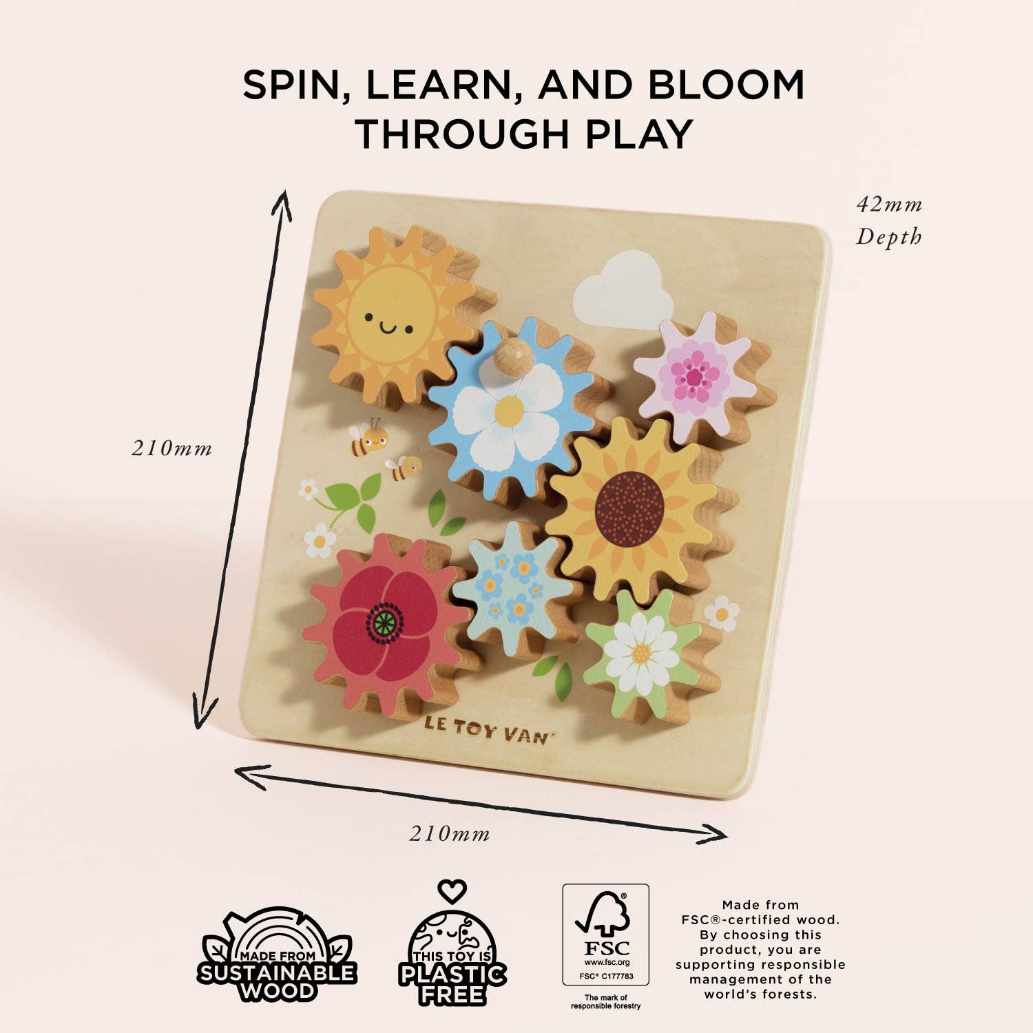 Wooden toy with floral and moving gears on a beige background, featuring Le Toy Van branding.