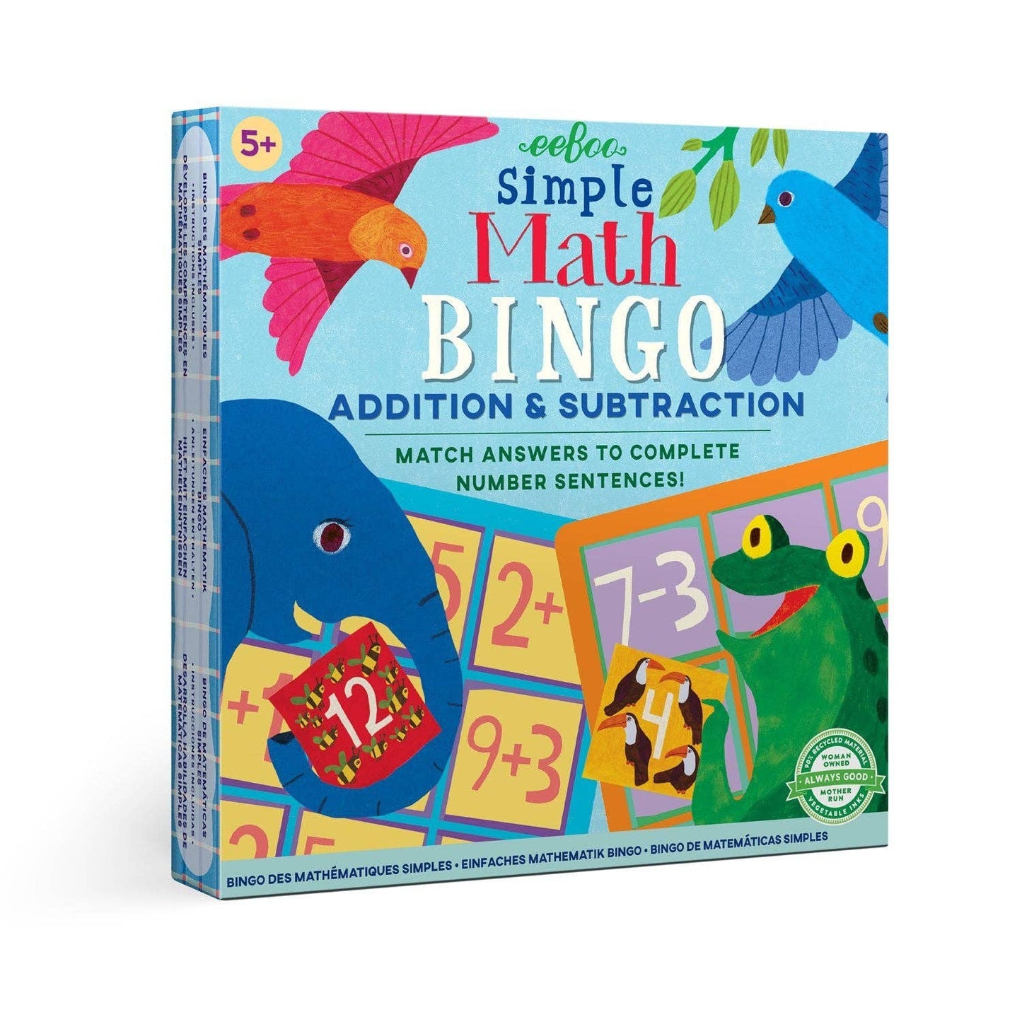 Children's educational game box titled 'Simple Math Bingo Addition & Subtraction' with colorful illustrations on a white background.
