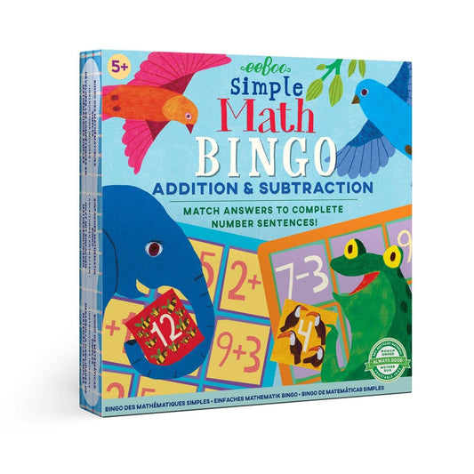 Children's educational game box titled 'Simple Math Bingo Addition & Subtraction' with colorful illustrations on a white background.