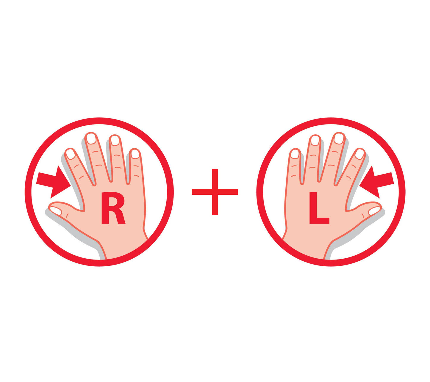 Illustration of two hands labeled 'R' and 'L' with arrows pointing towards a central plus sign on a white background.