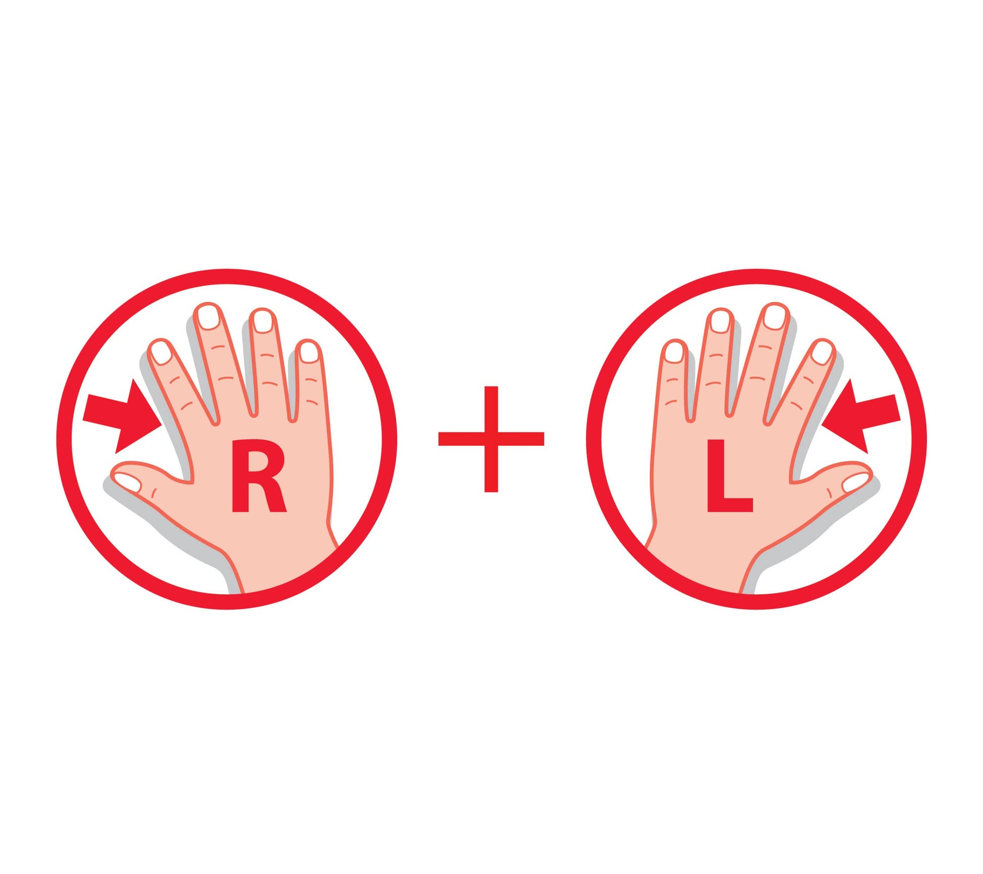 Illustration of two hands labeled 'R' and 'L' with arrows pointing towards a central plus sign on a white background.