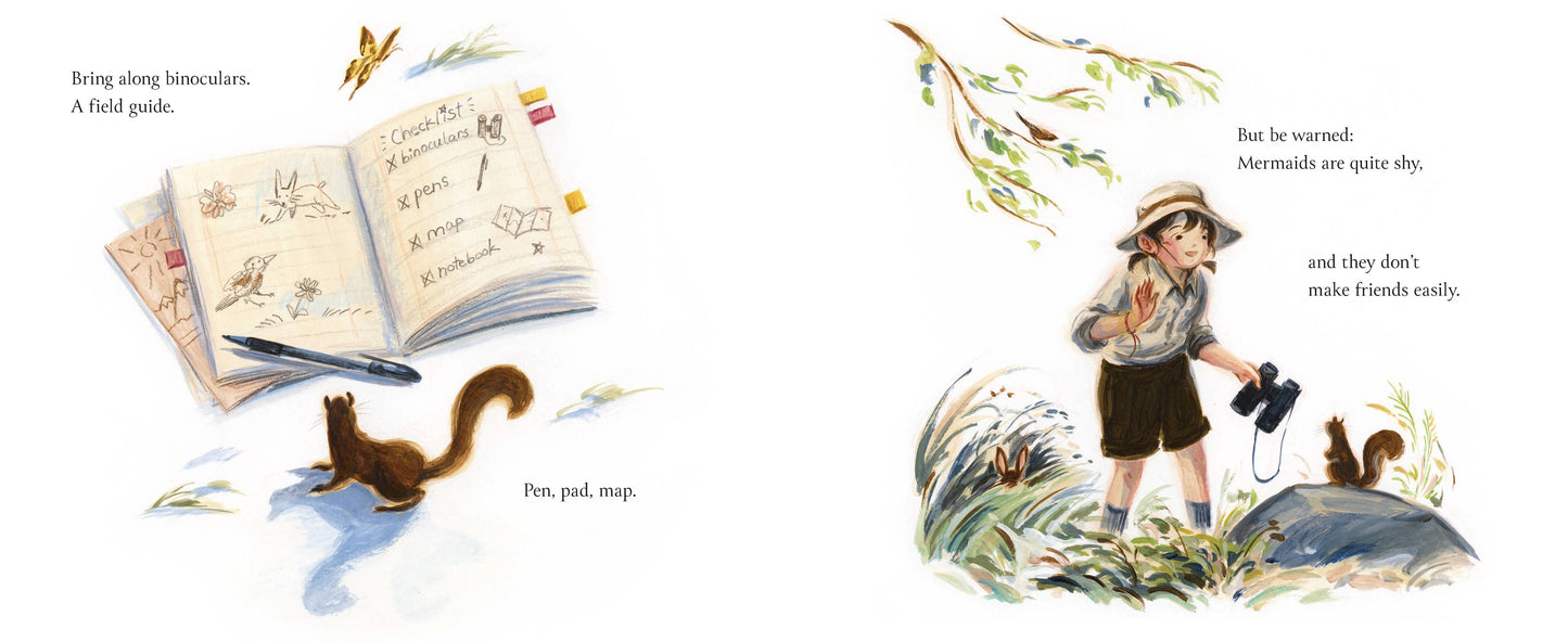 Illustration of a child with binoculars, an open book, and nature-themed elements.