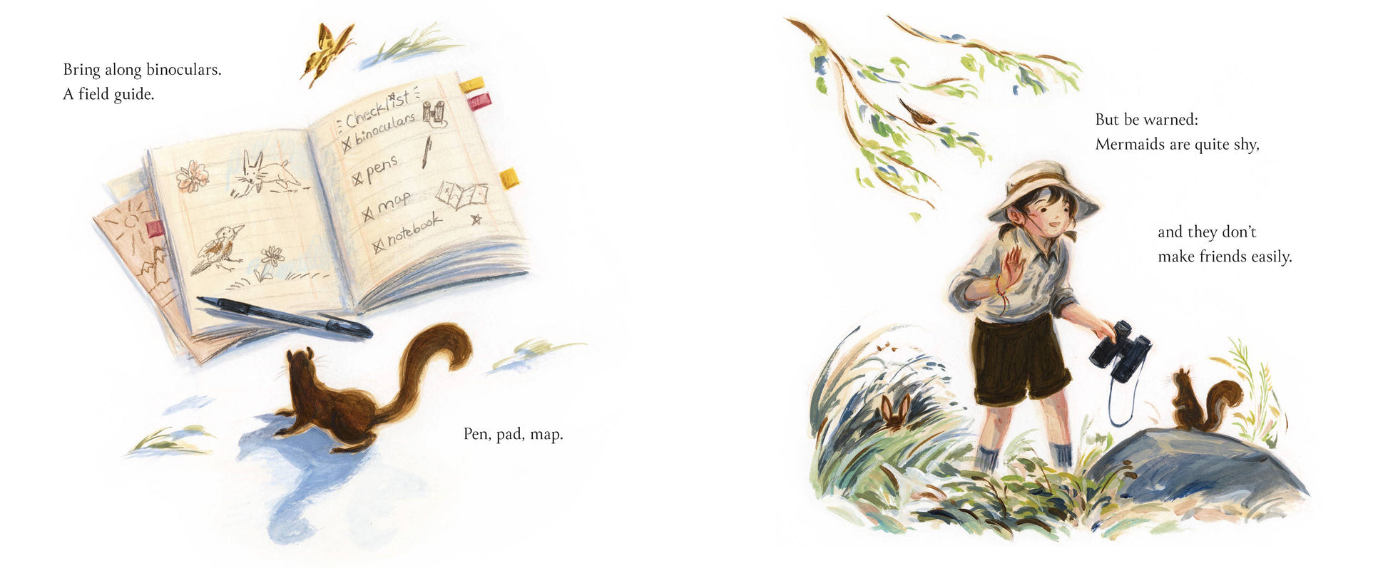Illustration of a child with binoculars, an open book, and nature-themed elements.