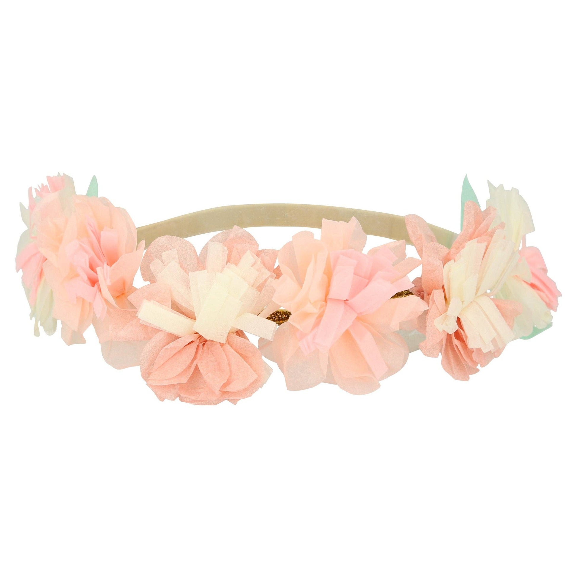 Floral headband with pink and white flowers on a white background