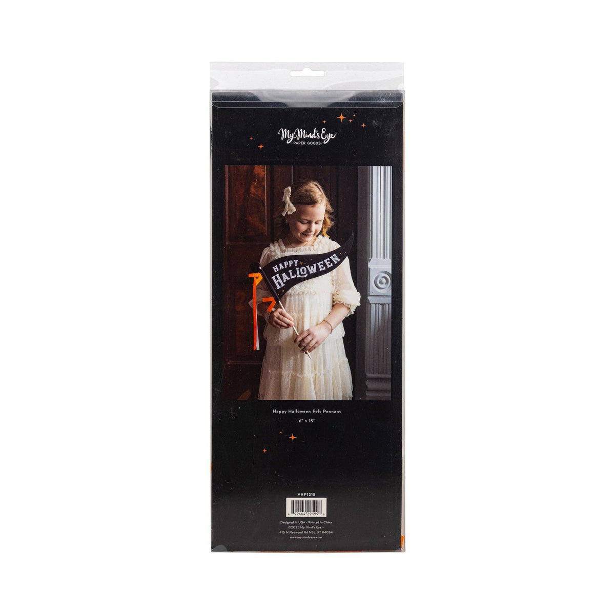 Halloween-themed product packaging with a person wearing a costume and 'Happy Halloween' sash.