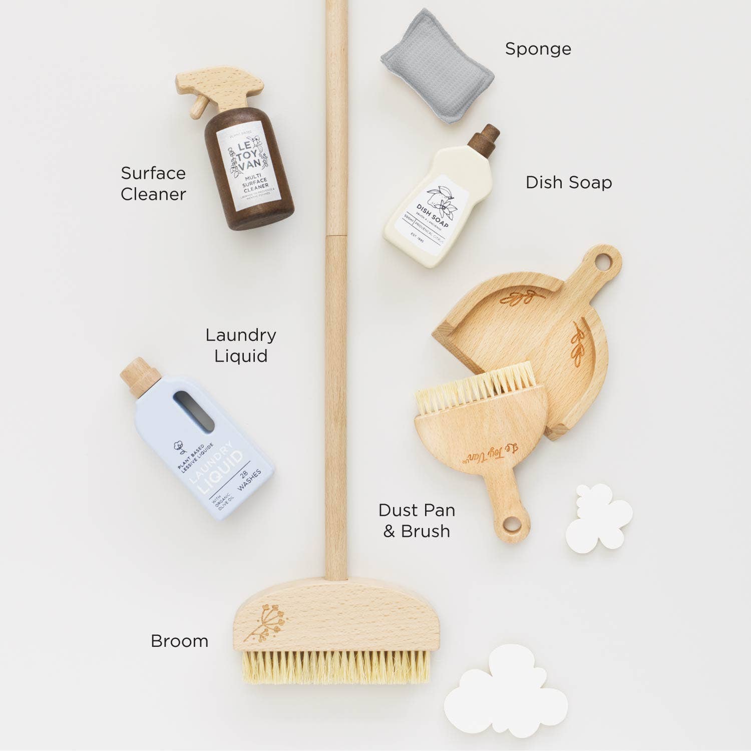 Pretend play cleaning supplies including a broom, surface cleaner, laundry liquid, dish soap, and dust pan on a white background.