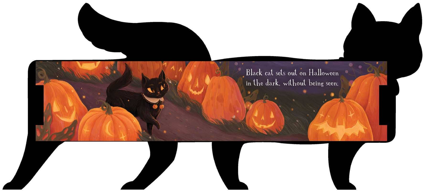 Black cat board book opened to two pages with jackolantern illustrations. All on a white background.