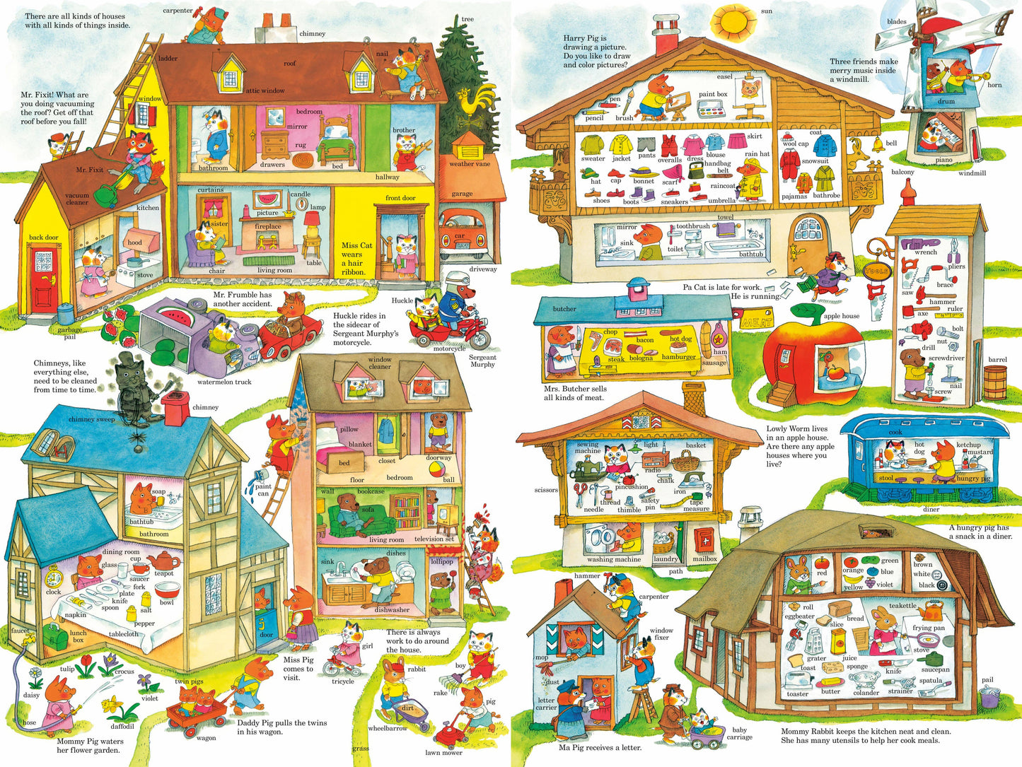 Colorful illustration of a town with various buildings and activities