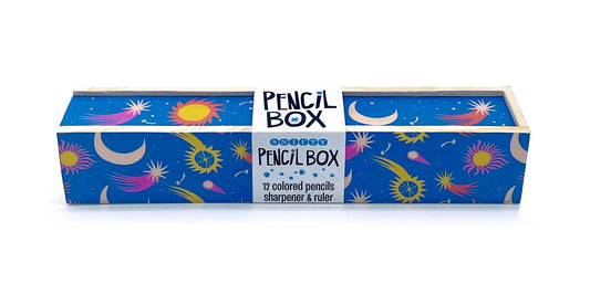 Pencil box with colorful designs on a white background