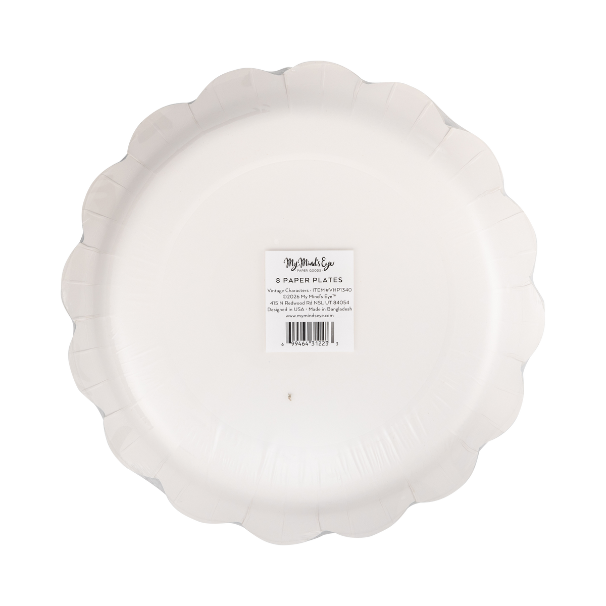 White back of paper plate with a brand label on a white background