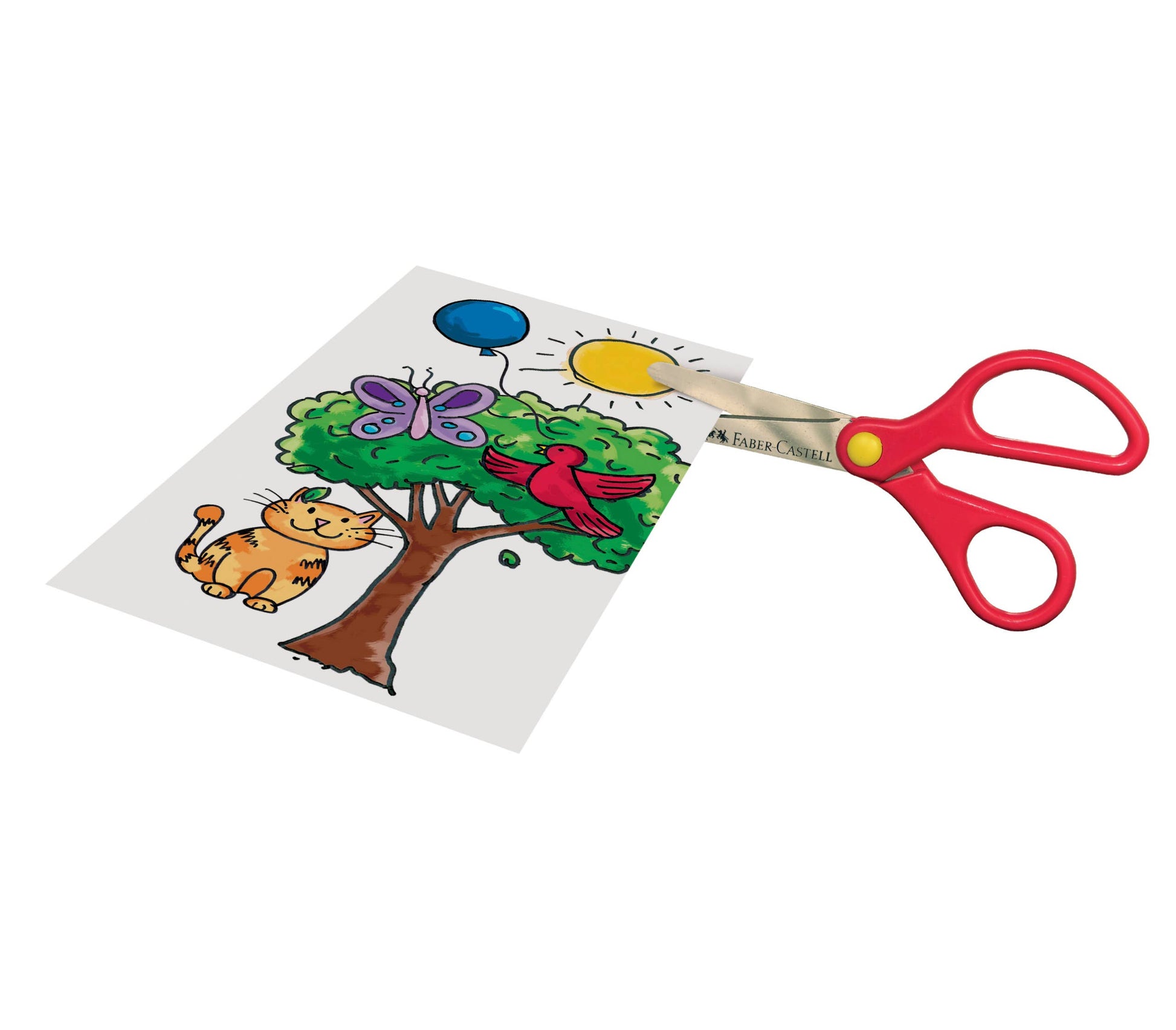 Colorful children's craft paper with a tree, cat, and butterfly cutout next to red scissors on a white background.