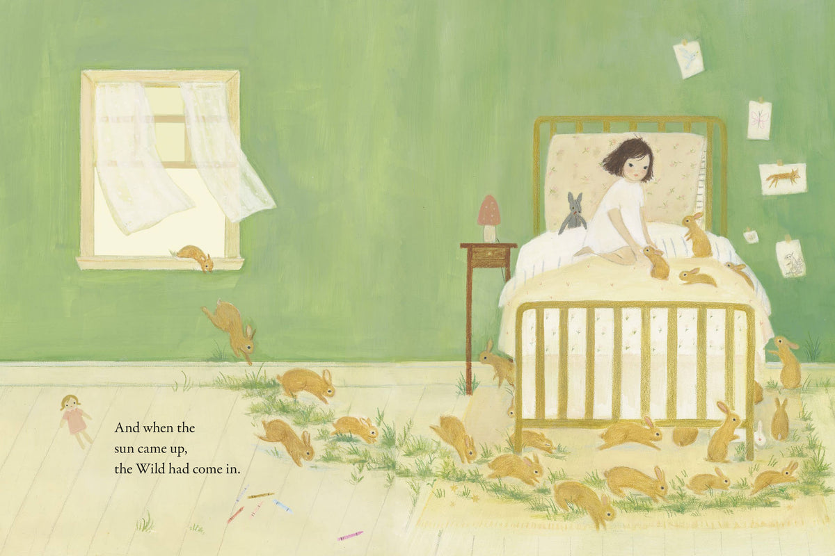 Picture book image featuring Eleanor in her bed with rabbits all around her bedroom and jumping in through her window