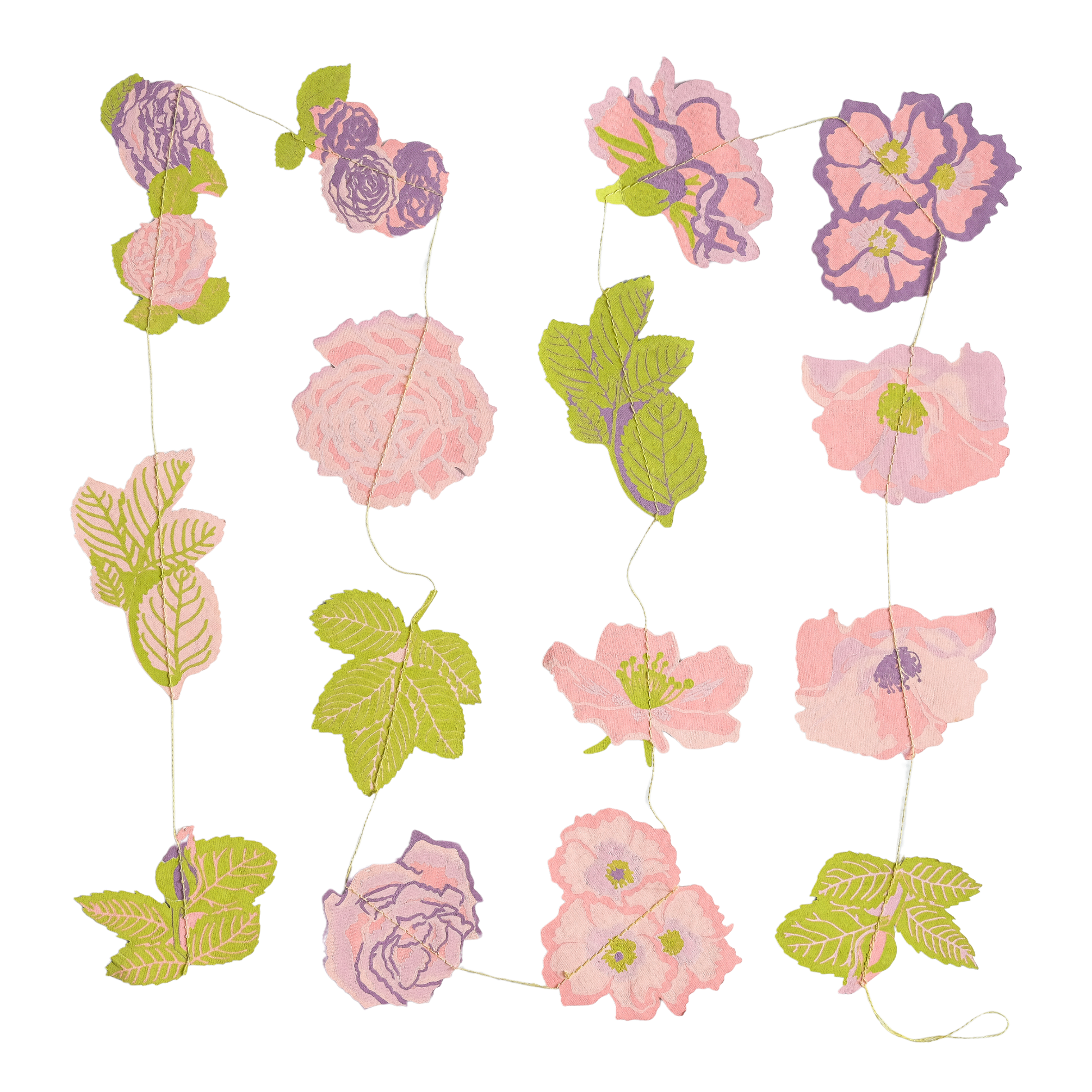 Floral garland with pink, purple, and green flowers on a white background