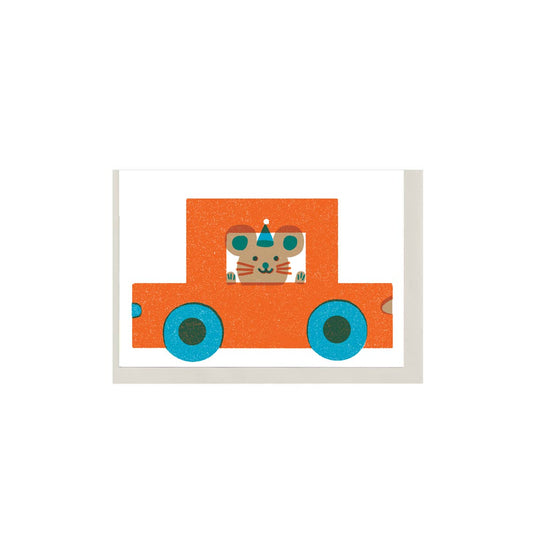 Illustration of a mouse in an orange truck with blue wheels on a white background