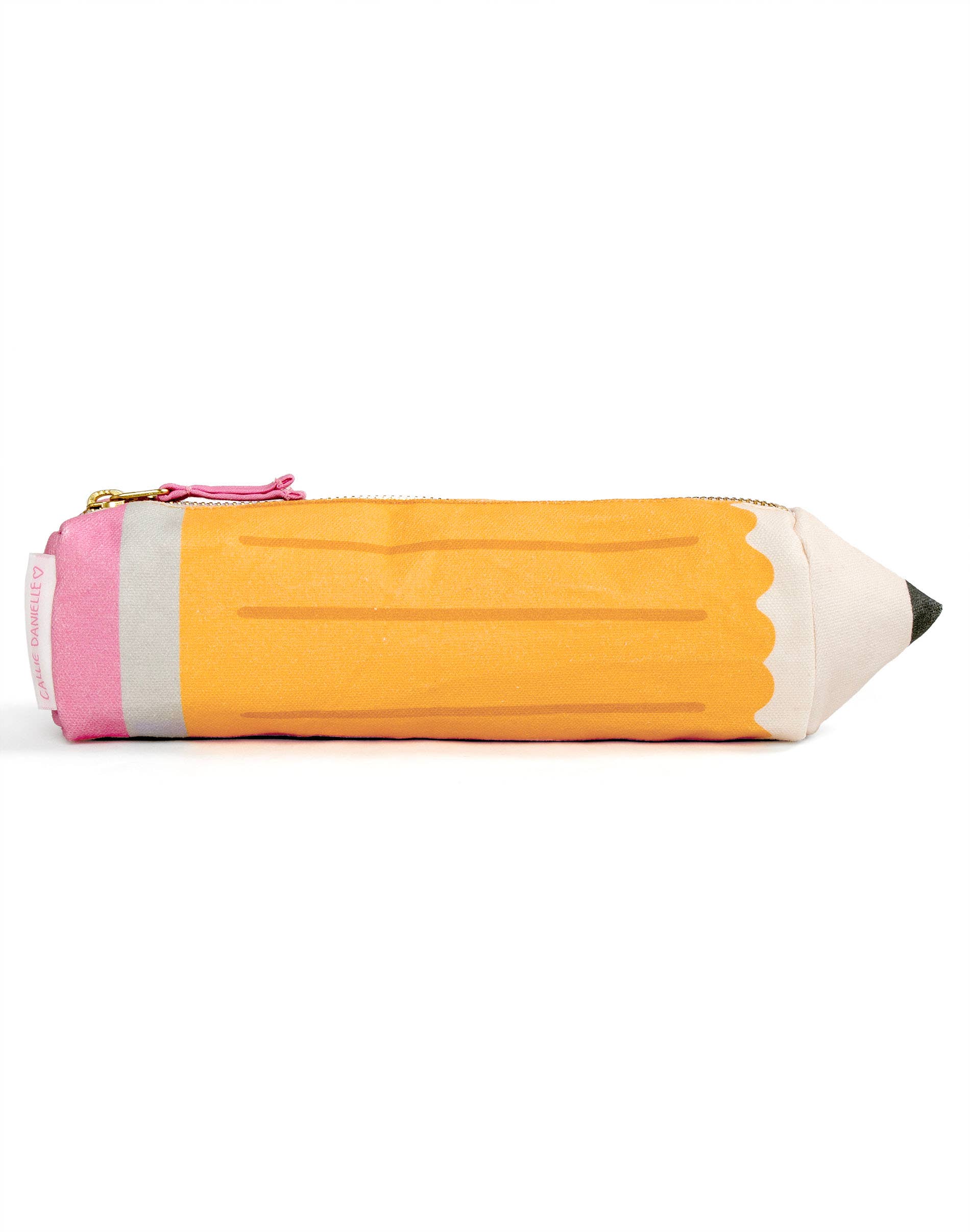 Zippered, yellow pencil case, shaped like a pencil 